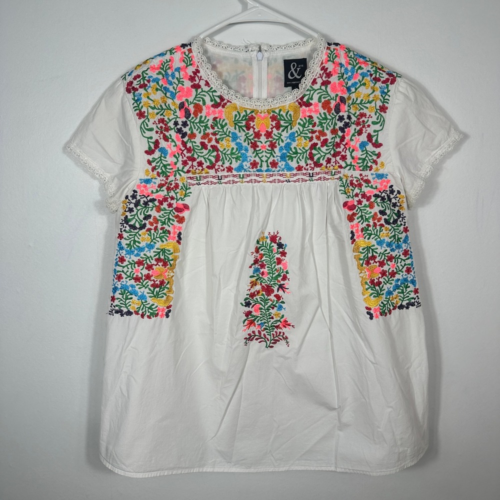Ampersand Ave Embroidered Blouse Womens Large White Floral Lace Trim Top